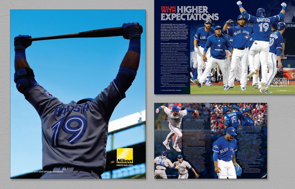 interior magazine layouts of M L B baseball Toronto Blue Jays Yearbook.