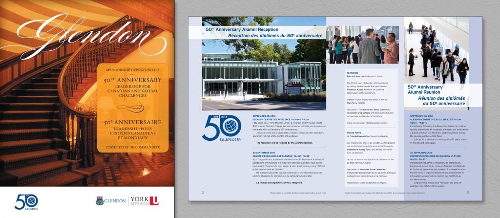 Bilingual cover and interior layout of Glendon Fiftieth Anniversary fundraising gala booklet.