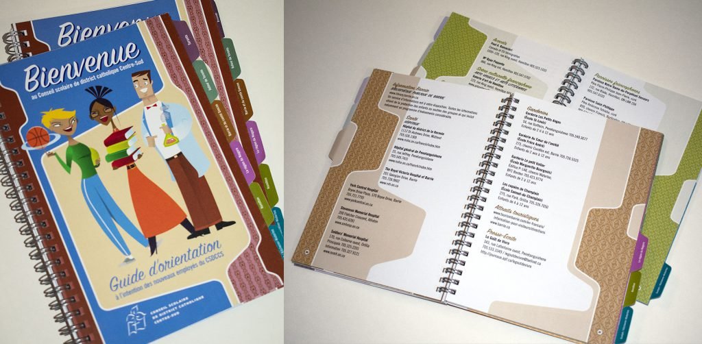 Retro-themed spiral-bound agenda and information booklet featuring custom patterns.