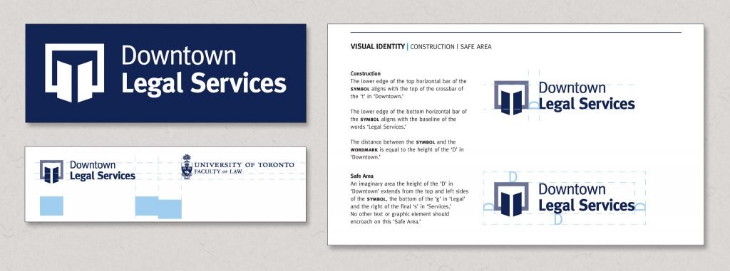 Sample pages showing how to properly use the Downtown Legal Services logo, the colour schemes of its sub-brands and other visual assets.