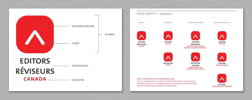 Sample pages showing how to properly employ the Editors-Réviseurs Canada logo and apply it to sub-branches and stationery and business cards.