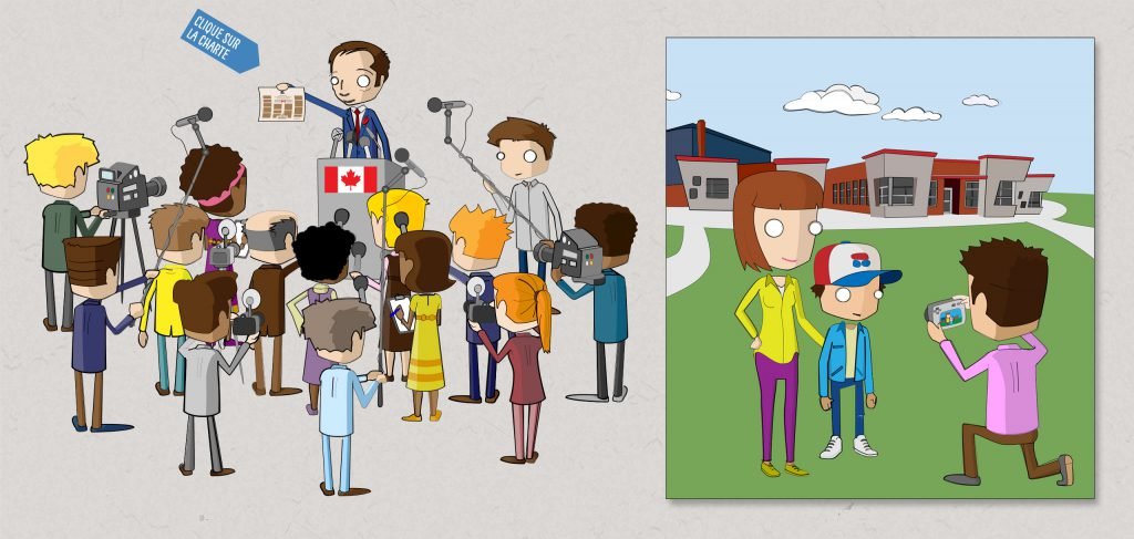 Quirky digital illustrations of multiple characters including a caricature of Pierre Trudeau in a media scrum.