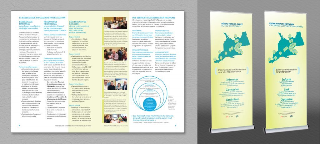 French Health Network activity report and bilingual pop-up banners.