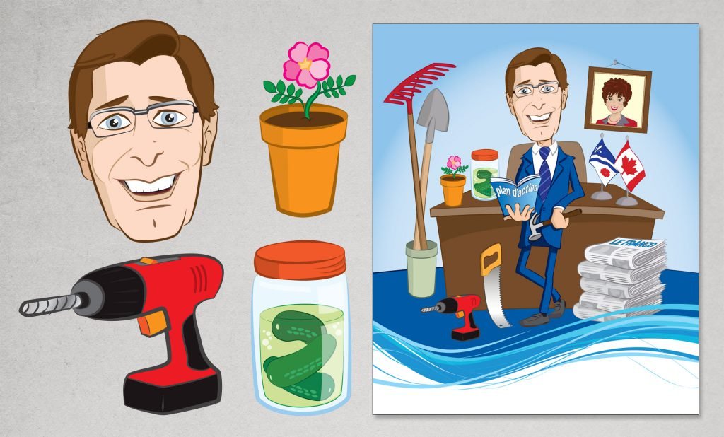 Full-length digital caricature as well as close-ups of several individual elements of the full image.