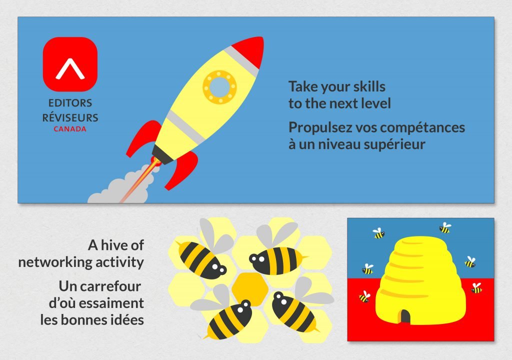 Flat-style digital drawing with captions in English and French.